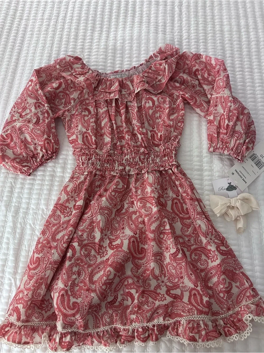 Rare Editions' Ruffled Paisley Smocked Waist Dress - Coral. Size 10 NWT